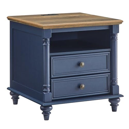 T4TREAM 24" Farmhouse Nightstands with 2 Drawers, Rustic Oak Antique Blue | 4 Solid Wood Feet, Charging Station, Tall Rustic Wood Square, Sofa Side Table, Living Room, Bedroom - color: Rustic Oak Antique Blue