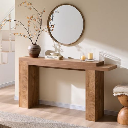 OKD 63" Modern Geometric Console Table with Layered Top, Light Tree Knot | Extended Layered Top, Sturdy Support Legs, Entryway, Hallway, Foyer, Living room, Behind Sofa - color: Light Tree Knot