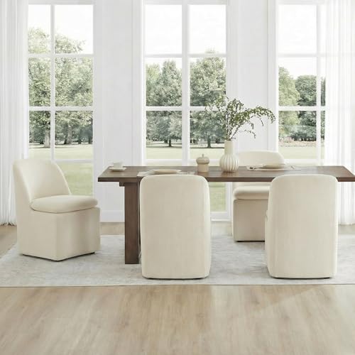 KISLOT Upholstered Dining Chairs Set of 1 with Casters, Modern Side Armless Deskchair with Washable Slipcover & Sturdy Metal Frame for Diningroom Bedroom Livingroom Reading Room, Beige Fabric - color: B Beige Fabric (Metal Frame), size: Set of 1