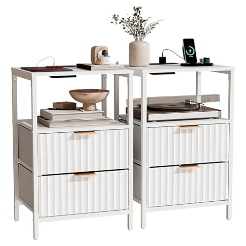 Bonnlo Fluted Nightstand Set of 2, Fabric Dresser with 2 Drawers and 1 Shelf, Bedside Table/End Table with Charging Station, Nightstand for Bedroom, Livingroom, College Dorm, White - color: White, size: 2 Drawer