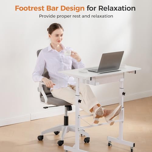 COMHOMA Small Standing Desk Adjustable Height Small Computer Desk Mobile Portable Rolling Laptop Table with Wheels 32" Computer Workstation Sit Stand Desks Portable Standing Table Treadmill desks - color: White