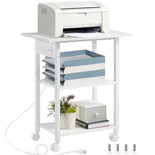 Lerliuo 3-Tier Printer Stand with Charging Station, Rolling Printer Table | White Industrial Mobile Printer Cart Desk Holder for Home Office, Lockable Wheels, Open Storage Shelf, Metal frame - color: White, size: 3-Tier with Charger