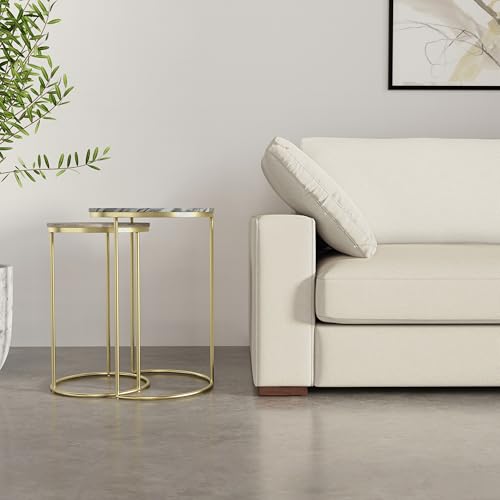 SIMPLIHOME Ashley Nesting Tables Set – 16 inch Wide Genuine Marble Top Metal Accent Tables in Grey Taupe Marble/Gold, Round End Tables for Living Room or Bedroom with Compact Design, Assembled