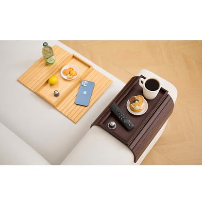 Bamboo Couch Arm Tray Table，Foldable Sofa Armrest Tray Table for Couch，Flexible and Anti-Slip Couch Arm Cup Holder，Portable Sofa Arm Chair Table for Drink,Cups, Eats，Snacks, Phone, Remote - color: Bamboo
