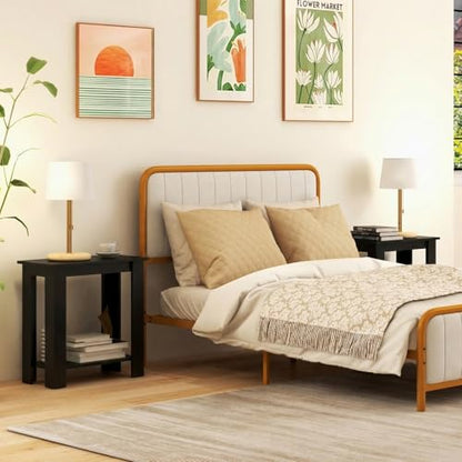 Giantex Narrow End Table Set of 2, 2-Tier Side Table with Open Storage Shelf, Retro Wood Sofa Table Bedside Tables for Small Spaces, Slim Nightstand for Living Room, Bedroom, Easy Assembly, Black - color: Black
