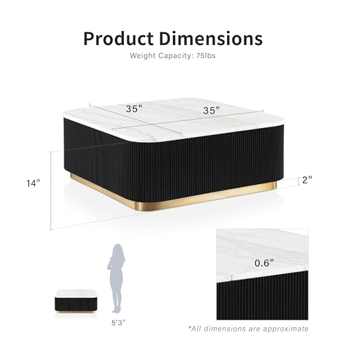 Furniture of America Beryl Modern Square White Genuine Marble Top Coffee Table with Fluted Pedestal Base and Gold Stainless Steel Accent, Low Profile Table for Living Room, Home Office, Black - size: Coffee table, style: Square