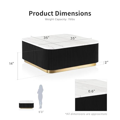 Furniture of America Beryl Modern Square White Genuine Marble Top Coffee Table with Fluted Pedestal Base and Gold Stainless Steel Accent, Low Profile Table for Living Room, Home Office, Black - size: Coffee table, style: Square