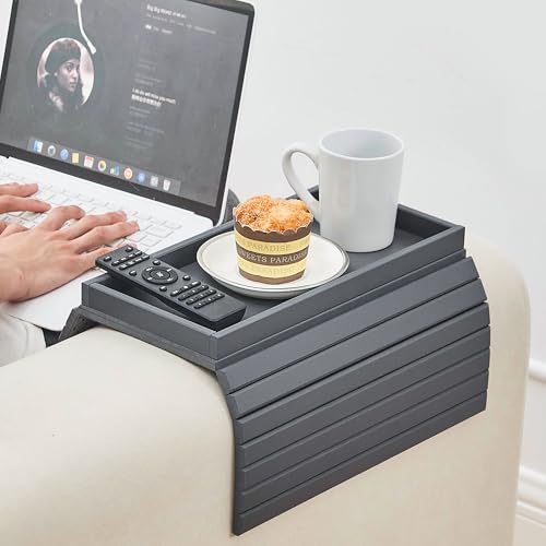 GEHE Bamboo Sofa Arm Tray, Foldable Couch Arm Tray Side Table, Anti-Falling Armrest Tables Cup Holder for Snacks, Drinks, Beers, Phone, Control, Flexible and Portable, Anti-Slip - color: Gray