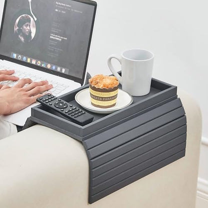 GEHE Bamboo Sofa Arm Tray, Foldable Couch Arm Tray Side Table, Anti-Falling Armrest Tables Cup Holder for Snacks, Drinks, Beers, Phone, Control, Flexible and Portable, Anti-Slip - color: Gray