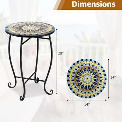 Giantex Outdoor Side Table, Bright Sunflower Mosaic Patio Accent Table, 14" Coffee End Table, Indoor Outdoor Metal Plant Stand for Porch Garden Balcony Desk, Metal Cobalt Glass Top - style: Bright Sunflower
