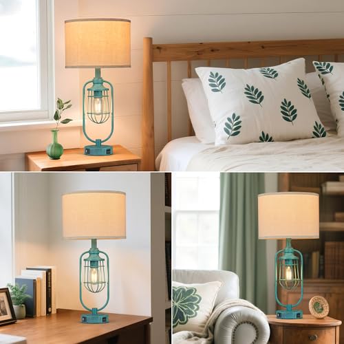 Table Lamps for Living Room End Table Set of 2, Farmhouse Lamps for Night Stands, Industrial Bedside Lamps for Bedroom with USB A+C, Bulbs Included - color: Green