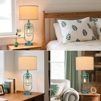 Table Lamps for Living Room End Table Set of 2, Farmhouse Lamps for Night Stands, Industrial Bedside Lamps for Bedroom with USB A+C, Bulbs Included - color: Green