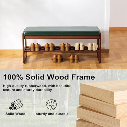 SOBIBO Solid Wood Shoe Bench, 2-Tier Wooden Entryway Bench, Modern Shoe Rack with Faux Leather Cushion for Hallway, Living Room (Green, 39.4'') - color: Green, size: 39.4 inches