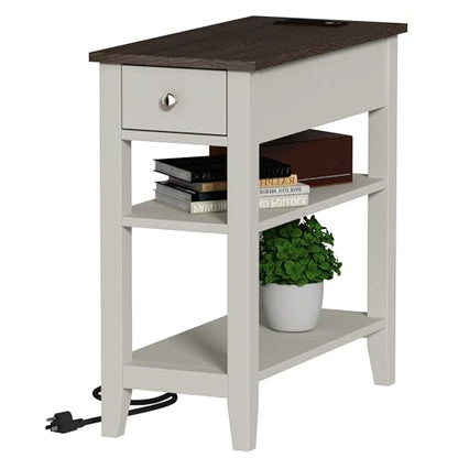 ChooChoo Farmhouse End Table with Charging Station, Narrow Side Table Living Room with USB Ports & Power Outlets and Hidden Drawer,White and Brown - color: Farmhouse White
