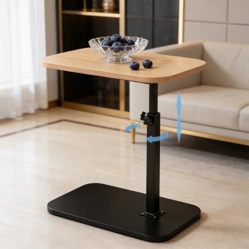Pedestal Adjustable c Table for Small Spaces，C Shaped End Table Desktop can Turn 360° and the Height of the Sofa Small TV Tray Table Can be Adjusted for Couch - color: Wood and Black-height-adjustable Table-1pcs