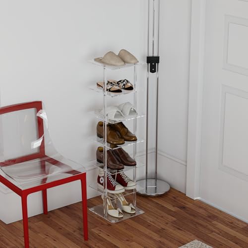Aquiver Acrylic Vertical Shoe Rack - Free Standing Shoe Rack 7 Tier Shoe Storage Organizer Narrow Shoe Rack for Small Spaces, Entryways, Living Rooms, Bedrooms, 11'' L x 11'' W x 41.7'' H