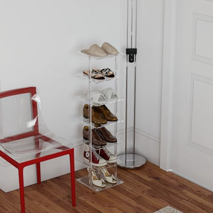 Aquiver Acrylic Vertical Shoe Rack - Free Standing Shoe Rack 7 Tier Shoe Storage Organizer Narrow Shoe Rack for Small Spaces, Entryways, Living Rooms, Bedrooms, 11'' L x 11'' W x 41.7'' H