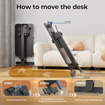 Foldable Mobile Standing Desk, 27 Inch Small Rolling Laptop Cart Height Adjustment, 90° Tiltable Sofaside Table, No Assembly Needed Portable Computer Workstation, Black - color: Black