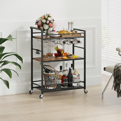 3 Tier Bar Cart, Small Beverage Cart, Mini Bar Cart with Wine Rack, Home Bar Serving Cart with Wheels for Kitchen Dining Living Room (Rustic Brown, General) GBC507R - color: Rustic Brown, size: General