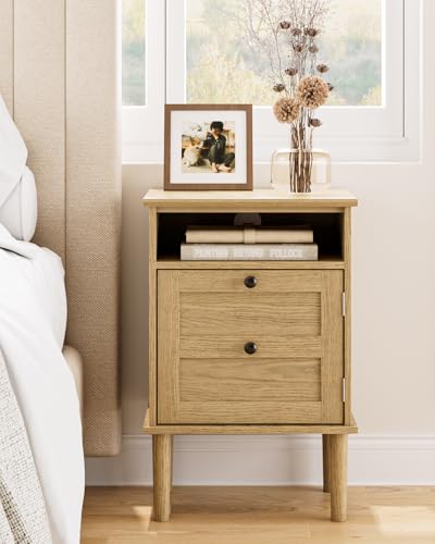 Nightstand, Boho Night Stand with 1 Drawers, Modern Side Accent Table with Open Shelf, Wooden Top Bedside End Table for Bedroom, Living Room, Yellow Oak - color: Yellow Oak
