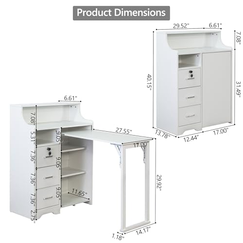 Folding Desk with Storage,Hidden Desk with Lockable Drawers & Shelves, Built-in Power Outlet,Fold Out Desk for Study and Home Office - color: White