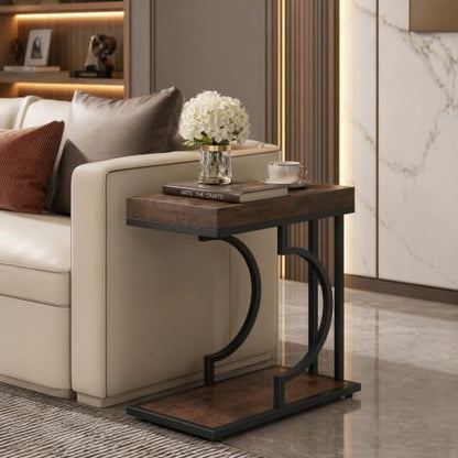 Tribesigns C Shaped Modern End Table for Coach with Metal Frame | Wood Grain, Small Side Table for Living Room, Nightstand for Bedroom, Rustic Brown&Black - color: Brown+black