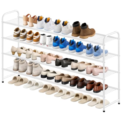 KEETDY 4-Tier Long Shoe Rack for Closet Floor, Wide Shoe Organizer Storage, Stackable Shoe Rack for Entryway Metal Shoe Shelf for 30 Pairs Men Sneakers with Wire Grid for Bedroom, White - color: White, size: 11.4x43x32.4