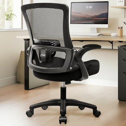 NEO CHAIR Office Desk Gaming Chair Computer High Back Mesh Seat with Rolling Wheels Ergonomic Adjustable Comfy Flip-up Armrests Lumbar Support Height for Home (Black) - color: Black