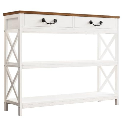 IRONCK 39.4" Farmhouse Console Table with Storage, Narrow Entryway Table with 2 Drawers & 2 Shelves, Industrial Wood Sofa Table for Living Room/Hallway, White/Walnut - size: 39.4inch