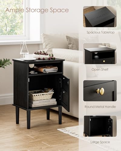 Nightstand, Boho Night Stand with 1 Drawers, Modern Side Accent Table with Open Shelf, Wooden Top Bedside End Table for Bedroom, Living Room, Black - color: Black