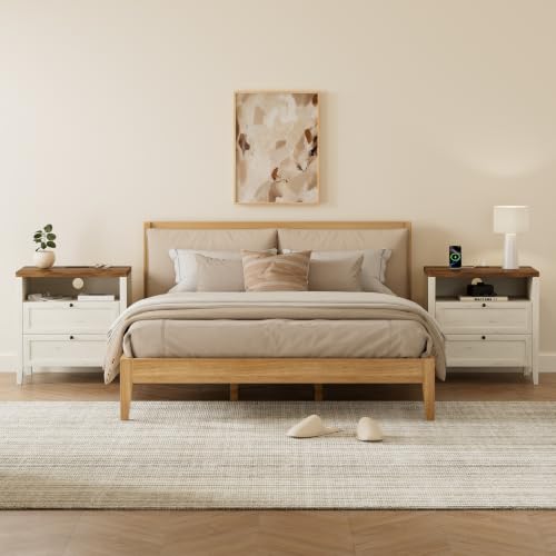 Modern Nightstands Set of 2, Farmhouse End Side Table with Drawer Freestanding Wide Bedside Table for Living Room Bedroom Sofa, Rustic White and Honey Brown - color: 2 Drawers/Rustic White + Honey Brown, size: 2PCS