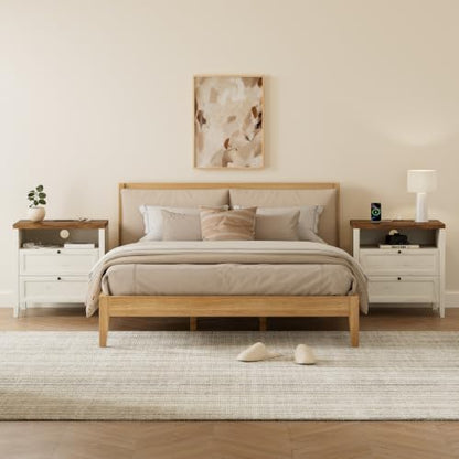 Modern Nightstands Set of 2, Farmhouse End Side Table with Drawer Freestanding Wide Bedside Table for Living Room Bedroom Sofa, Rustic White and Honey Brown - color: 2 Drawers/Rustic White + Honey Brown, size: 2PCS