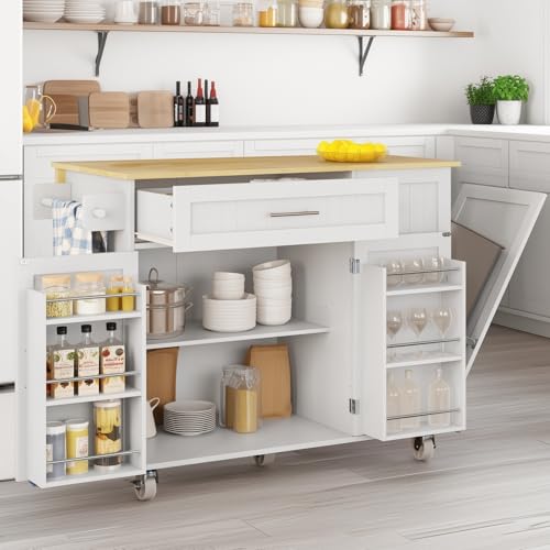 Kitchen Island with Storage, Island Table for Kitchen with Widen Drop Leaf Rubberwood Top, Trash Can Storage and Towel Bar, Rolling Kitchen Island Cart on Wheels for Indoor Outdoor, White