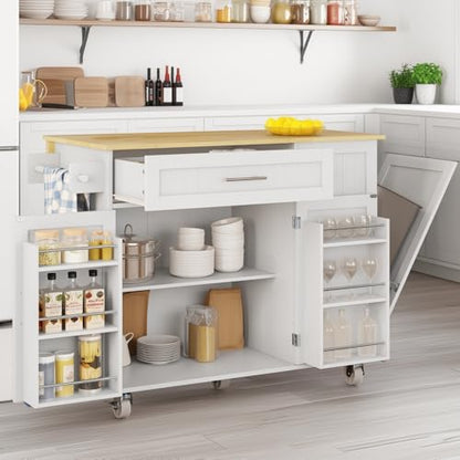 Kitchen Island with Storage, Island Table for Kitchen with Widen Drop Leaf Rubberwood Top, Trash Can Storage and Towel Bar, Rolling Kitchen Island Cart on Wheels for Indoor Outdoor, White