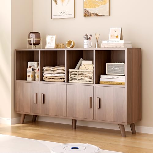 8-Cube Bookcase with Doors, 2-Tier Low Storage Cabient, Walnut | Solid Wood Legs and Door Handles, Cubby Shelf with 4 Doors, Fits 11×11" Bins for Home & Office - color: Walnut