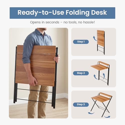 DUMOS Folding Desk with Shelf, No Assembly Computer Desk, Small Space Brown | Foldable Desk with Shelf Saves Space for Bedroom, Office and Dorm Use - color: Brown