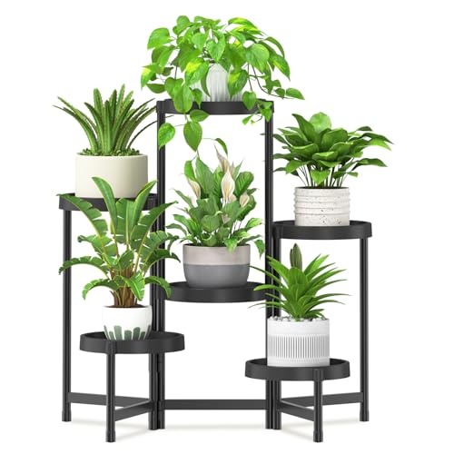 iDavosic.ly 6 Tier Folding Plant Stand Indoor Outdoor with Plastic Tray, Tiered Corner Flower Holder Shelf, Metal Orchid Display Rack for Patio Porch Living Room Garden Balcony, Modern Black - color: Black, size: 6 Tiers