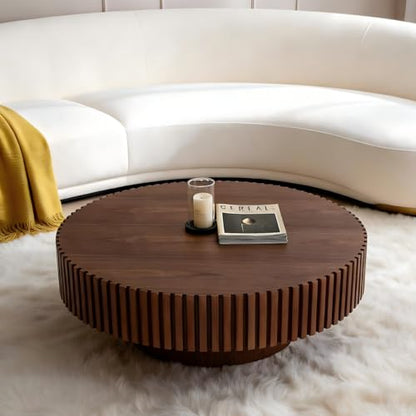 Coffee Table Modern Wood Round Fluted, Ø31.5'' X 13.8''H Small Space Brown Circular Drum Coffee Tables Circle Fluted Center Living Room Drum Tea Accent Apartment Home Furniture Easy Assembly Walnut - color: 31.49 Walnut 2026