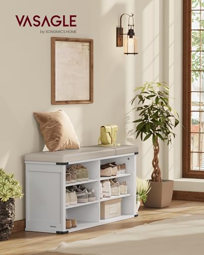 VASAGLE LIRY Collection - Shoe Storage Bench with Removable Cushion, Shoe Rack with Padded Seat, Entryway Bench with 6 Open Compartmens, Adjustable Shelves, Cloud White ULSB105W01 - color: Cloud White, size: 12.2"D x 40.2"W x 20"H