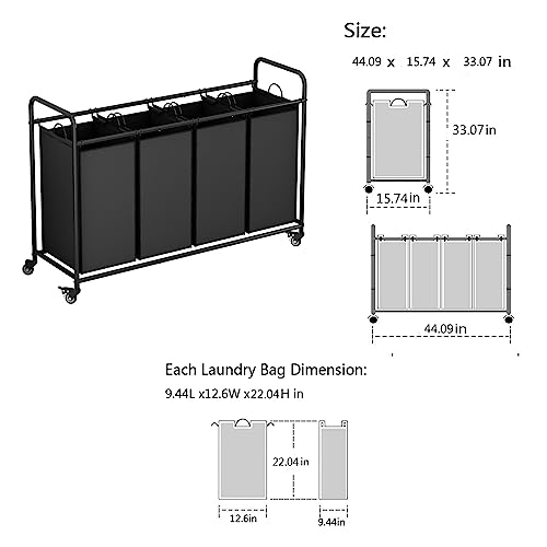 4 Section Laundry Hamper, Black Rolling Laundry Basket, 180L Laundry Sorter | Laundry Room Organization with Heavy Duty Rolling Lockable Wheels and Removable Bag, Bedroom Laundry Cart for Clothes Storage - size: 4 Bags Black