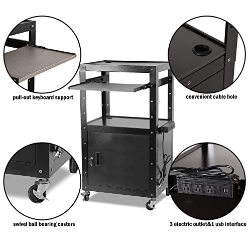 AV Carts, Rolling Presentation Cart Station, Height Adjustable Media Cart for Video Projector, TV, Printers, Computers with 1 Storage Locking Cabinet, 1 Sliding Keyboard Tray, 3 Outlets, 2 USB Ports