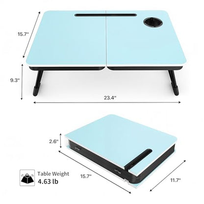 BUYIFY 23.4" Foldable Lap Desk Bed Table with Cup Holder Portable Tray | Folds Flat for Easy Storage, No Assembly Laptop Bed Desk, Sturdy and Lightweight, Patent Design, Blue - color: Blue