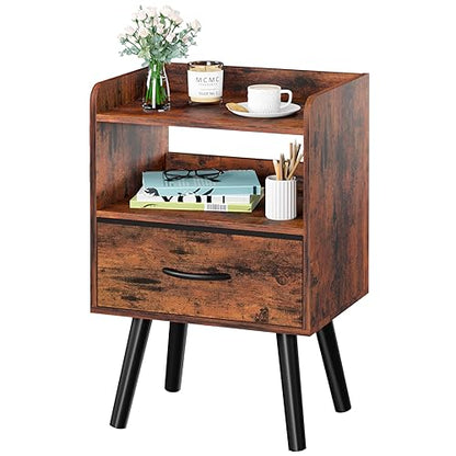 Yoobure Night Stand with Fabric Drawer, Modern Nightstand, Bedside Tables, Mid Century Nightstands with Open Storage Shelf, Wood Bedside Table, Small Night Stands for Bedrooms, 2-Tier Night Table - color: Berry Brown