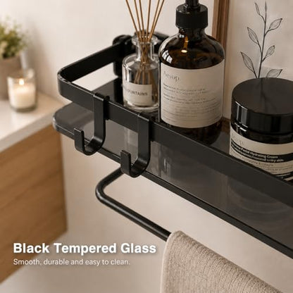 VOLPONE Glass Shelf for Bathroom 15.7 in Black Bathroom Shelves Wall Mounted Tempered Glass Shelving with 4 Removable Hooks (2 Tier) - style: 2 tier with towel hooks-black