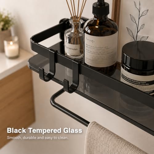 VOLPONE Glass Shelf for Bathroom 15.7 in Black Bathroom Shelves Wall Mounted Tempered Glass Shelving with 2 Removable Hooks (1 Tier) - style: 1 tier with towel bar-black