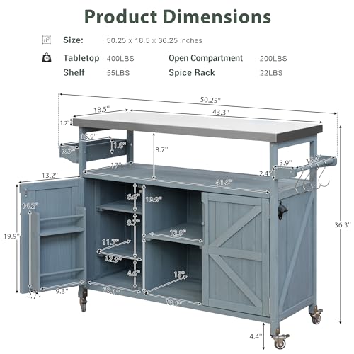 Merax 50" Outdoor Kitchen Grill Cart Island on Wheels with Stainless Steel Top,Farmhouse Style Solid Wood Frame Storage Cabinet - color: Grey Blue