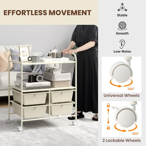 RELAX4LIFE Rolling Storage Cart with 4 Drawers - Utility Cart on Wheels w/2 Shelves & Metal Frame, Paper Scrapbook File Organizer for Home Office School Classroom, Movable Art Craft Cart (White) - color: White