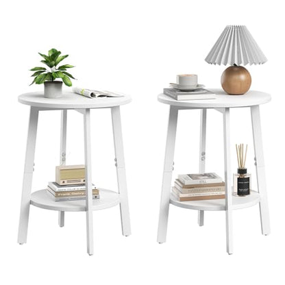 sthmec Side Table Set of 2, Small Round End Table with Storage Shelf for Small Space, 2-Tier Bedside Table Sofa Couch Table, Round Nightstands Set 2 Accent Table for Living Room, Bedroom, White - color: White
