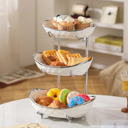 YYW 3 Tier Fruit Bowl for Kitchen Counter, White Gold Silver Ceramic Fruit Stand for Countertop, Home Fruit Rack with Metal Holder, Vegetable Snacks Nuts Bread Candy Storage (Silver) - color: Silver