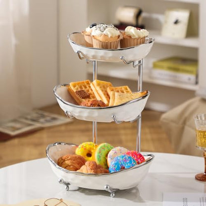 YYW 3 Tier Fruit Bowl for Kitchen Counter, White Gold Silver Ceramic Fruit Stand for Countertop, Home Fruit Rack with Metal Holder, Vegetable Snacks Nuts Bread Candy Storage (Silver) - color: Silver